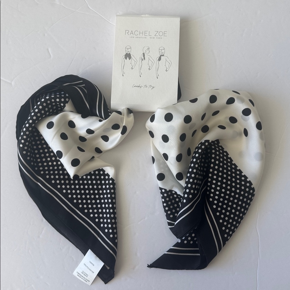 Rachel Zoe Square Silky 3 Ways Wear Scarf Polka Dot White and Black